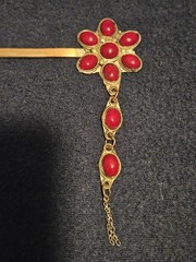 Vintage Central Asian Ethnic Hair Stick Pin Brooch Handcrafted Metal Red Glass