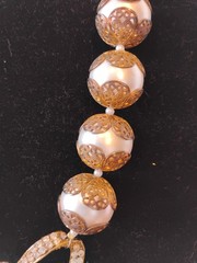 Vtg Big Faux Filigree Pearl Necklace Signed CRAFT Rose Gold Tone Rhinestone Bow