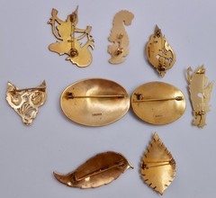 Vintage Thailand SIAM Bronze Gold-tone Niello Brooch Pins Lot of 9 L84