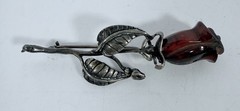 Vintage Baltic Amber Carved Rose Sterling Stem Pin Brooch, Unmarked 2.25in Long
