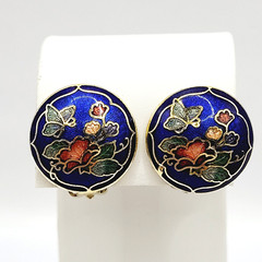 Cloisonné Small Butterfly & Flowers Round Blue Enamel Gold Tone Clip On Earrings