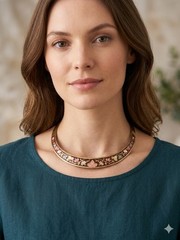 Vintage Brass Torque Collar Necklace Cloisonne Enamel Floral Inlay Statement