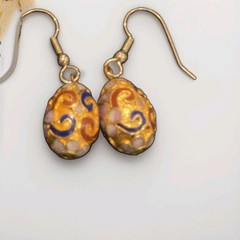 Vintage Chinese Cloisonné Enamel Egg Pendant Necklace & Earrings Set Gold Tone
