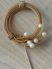 Vintage Brooch In Gold Tone / Faux Pearls/ Measures 1.75 In/ No Tarnish