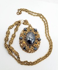 Vintage West Germany Filigree Hematite Cabochon Necklace Pendant