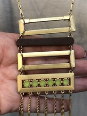 Unique Statement Gold Tone Necklace with Pendant Wood Rhinestone Dangle Boho Art