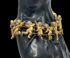VTG Gold-tone Angels Cherubs Iridescent wings Slide charm bracelet 7.5″