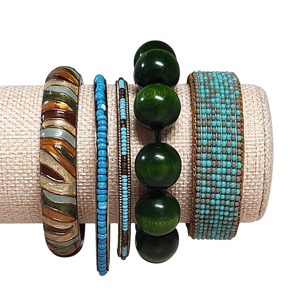 VTG 5pc Boho Enamel Wood Leather Seed Bead Everyday Festival Statement Bracelets