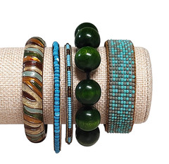 VTG 5pc Boho Enamel Wood Leather Seed Bead Everyday Festival Statement Bracelets