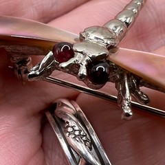 Swoboda Garnet Mop Dragonfly Brooch Mother Of Pearl Wings Signed Costume Jewelry