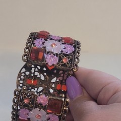 Vintage Style Wide Cuff Bracelet Bronze Tone Red Rhinestones Pink Floral