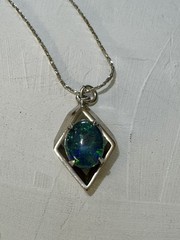 Vintage Faux Black Fire Opal Pendant & 18K White Gold Plated Chain Necklace