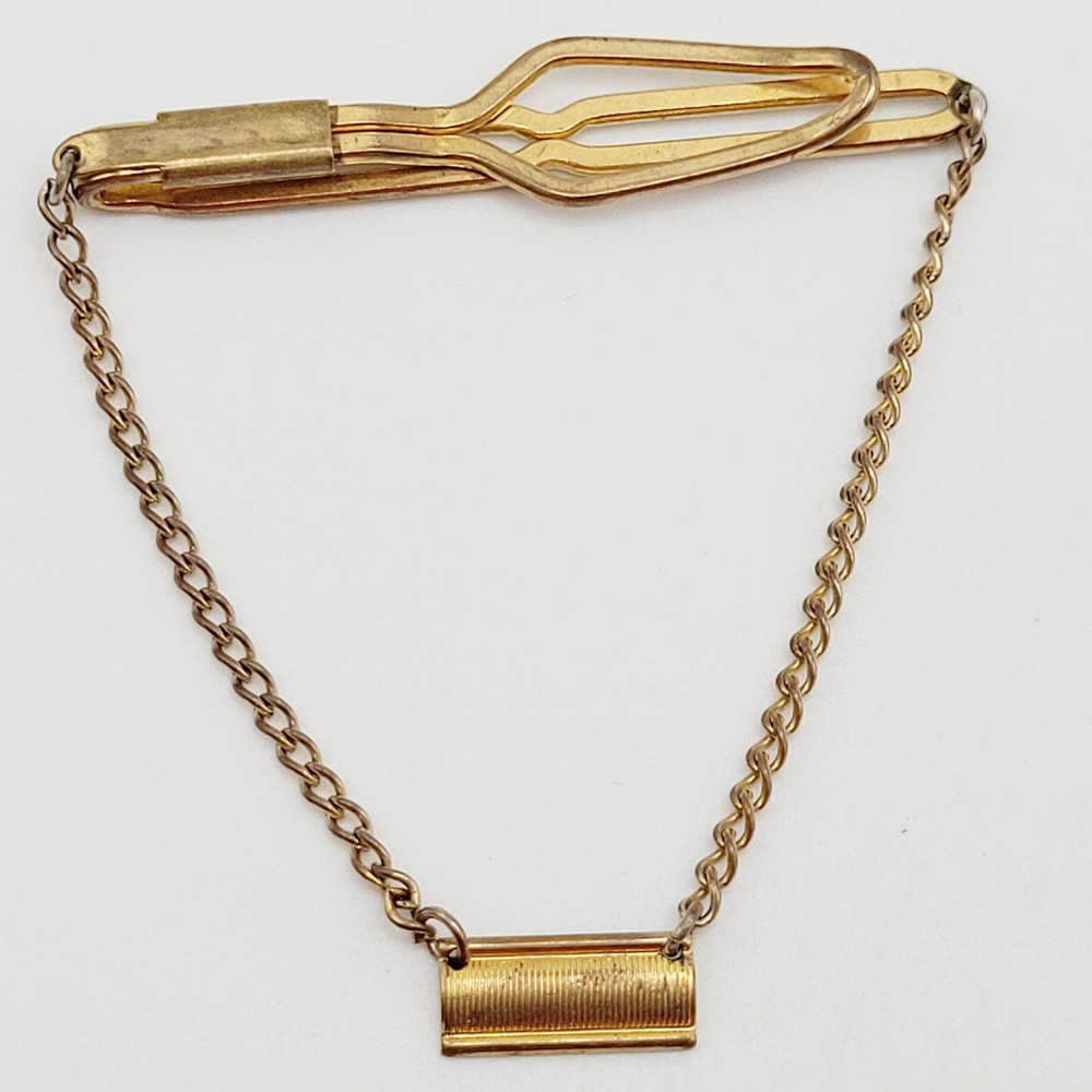 Retro Brass Open Metal Slide Bar with Draping Chain Plaque Vtg Tie Clip Clasp