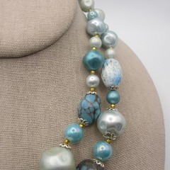 Vintage Beaded Necklace Blue Layered Japan 16 inch