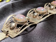 Vintage Taxco Mexico Sterling Silver Faux Fire Opal Link Panel Patina Bracelet