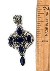 Vintage Style 925 Silver Pendant Blue Marquise Stones Ornate Filigree Design 2″