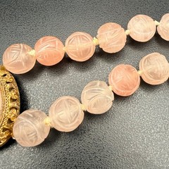 Chinese Export Blush Pink Carved Rose Quartz Necklace Floral Pendant 17 Inches