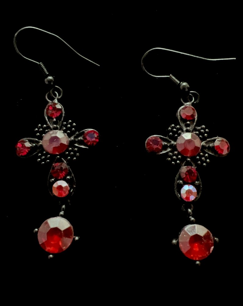 NWT Vintage Erica Lyons Red Rhinestone Chandelier Crosses French Wire Earrings
