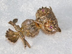 Vintage 40’s Les Bernard Signed Sterling Silver Gold Vermil Owl Bird Brooch