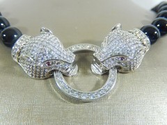 VTG 2 PANTHER HEAD KNOTTED BLACK ONYX WHITE SPINEL RUBY RHODIUM PLATED NECKLACE