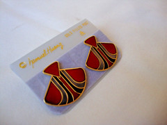 VINTAGE SAMUEL HUANG DESIGNER CLOISONNE RETRO MOD FAN RED BLACK SILVER EARRINGS