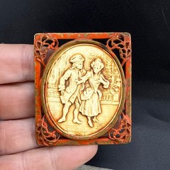 Vintage Colonial Courting Couple Brooch Red Enamel Metal Celluloid