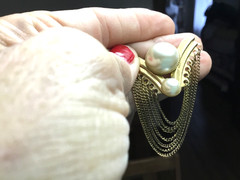 Vintage Art Deco Style Gold Tone Dangling Chains Faux Pearls C Clasp Brooch Pin