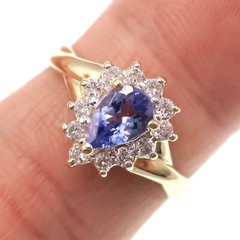 Classic 14k Solid Yellow Gold Natural Tanzanite and Diamond HALO Ring Size 7
