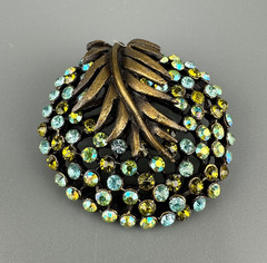 Vintage Rhinestone Brooch Flower Leaf Gold Tone AB Blue Green Stones Signed