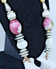 Floral Porcelain Pendant Necklace Faux Pearl Beads Statement Jewelry Pink Rose
