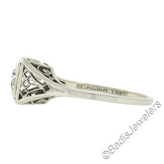 Antique Art Deco Belais 18K Gold Old European Diamond Squared Filigree Work Ring