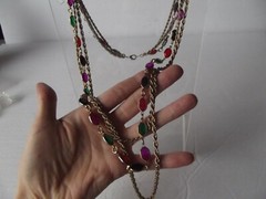 Triple Graduated Chain Necklace Purple green red black Bezel Set crystals vtg