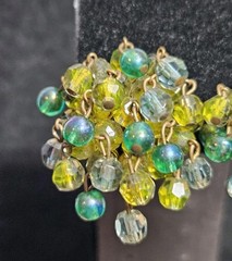 Vintage Vogue Signed Dangle Earrings Green Yellow Beaded Cluster Gold Tone 40mm