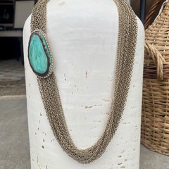 Vtg Multi Strand Gold Tone Chain Statement Necklace Marbled Green Rhinestones