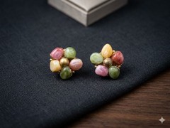 Vtg Signed Miriam Haskell Hand Wired Floral Cluster Clip Earrings Green Cabochon