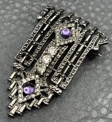Vintage Art Deco Style Silver Tone Brooch Purple Amethyst Rhinestone Pin