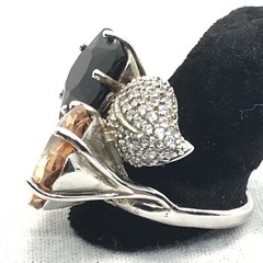 Vintage 925 Sterling Onyx Orange – Clear Cubic Zirconia Pave Design Ring 8.5