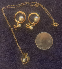 Vintage 1960s Retro Faux Pearl Heart Necklace & Small Circle Earrings Set