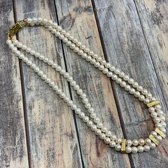 Vintage 80s faux pearl rhinestone double strand necklace in gold tone metal