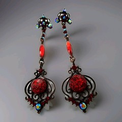 Gothic Victorian Style 3.5″ Long Red Lucite Cabochon Chandelier Dangle Earrings
