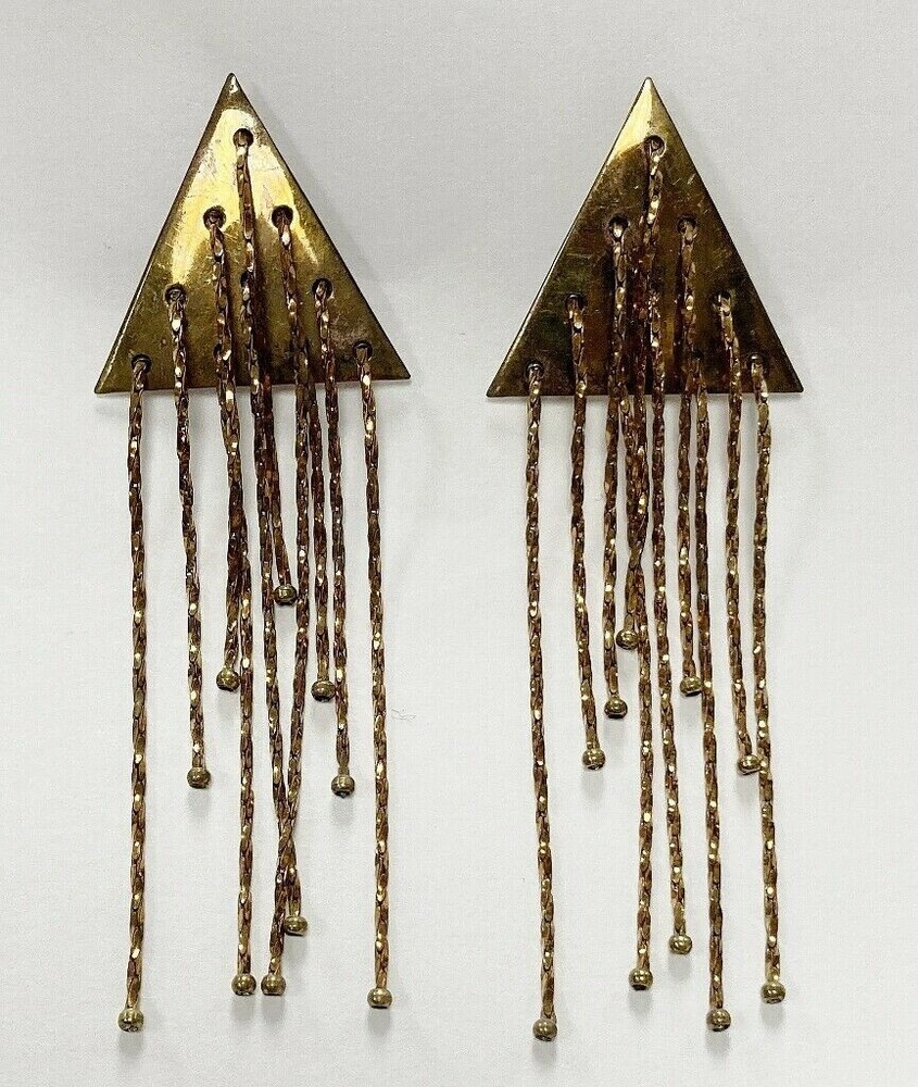 4 PIECES VINTAGE BRASS TRIANGLE MULTICHAIN BALL TASSEL 3″ DANGLE EARRINGS D605