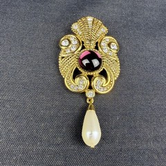 Vintage Jeff Lieb Gold Clear Crystal Pearl Cabochon Purple Stone 4” Brooch Pin