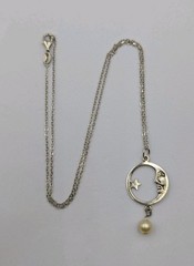 Vtg Sterling Faux Pearl Crescent Moon Man & Star Pendant 18″ Cable 925 Necklace