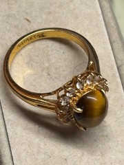 Size 7 TIGERS EYE oval Clear Rhinestone COCKTAIL RING DO 18Kt GE gold plate