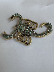 Vintage Rhinestone Scorpion Figural Brooch Aqua Teal Crystal Antiqued Gold Tone