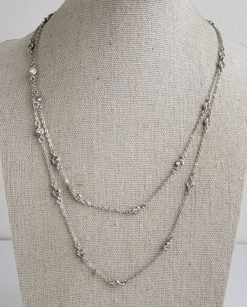 Clear Crystal Bezel Silver Tone Station Opera Length Necklace 36 In