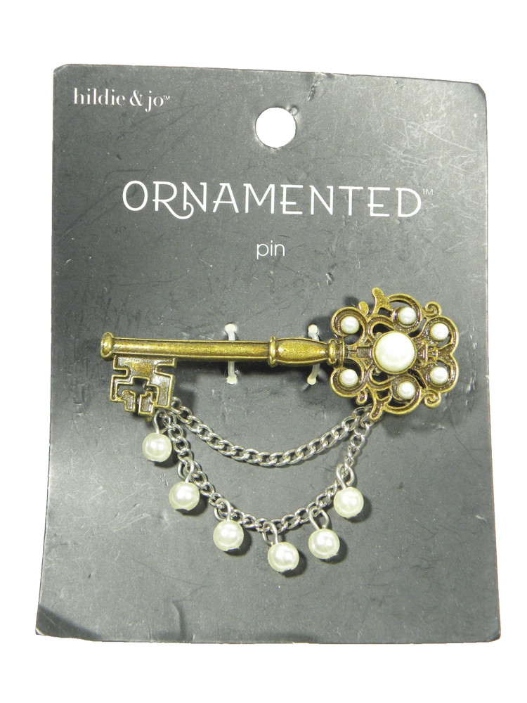 Hildie & Jo Key Brooch Pin Brass Tone Faux Pearl Double Chain Beads Statement