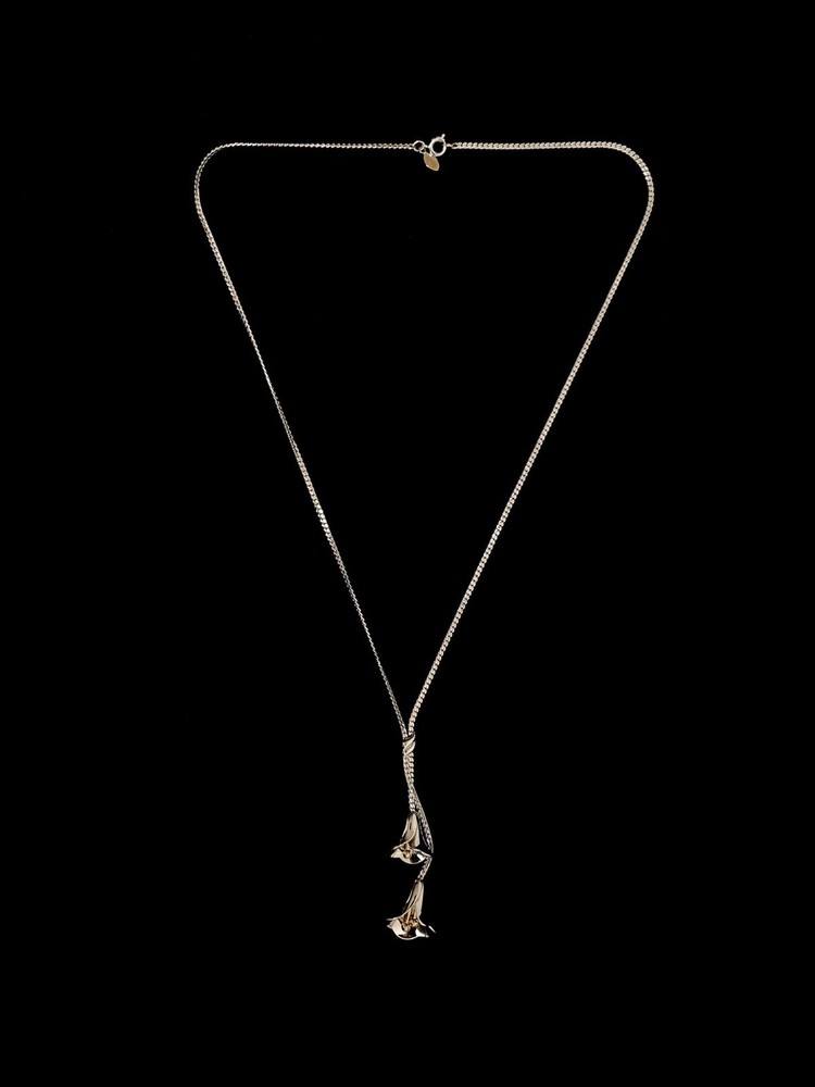 Vtg Avon Calla Lily Flowers Lariat Necklace Y Drop Silver Tone Gold Floral 20″