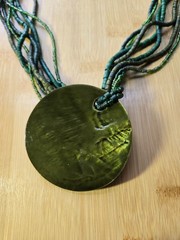 Faux Jade Pendant Layered Beaded Necklace, Green and Earth Toned Beads 22″