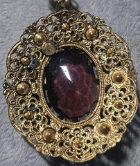 Vintage West Germany Ornate Flower Rhinestone Filigree Necklace Purple Amethyst